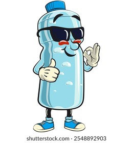 water plastic bottle cartoon mascot character wearing sunglasses and giving the okay sign and thumbs up, vector illustration isolated, work of hand drawn