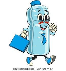 water plastic bottle cartoon mascot character wearing a tie and carrying a suitcase rushing to the office, vector illustration isolated, work of hand drawn