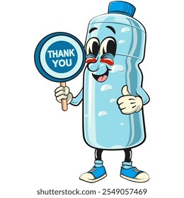 water plastic bottle cartoon mascot character carrying a sign saying thank you, vector illustration isolated, work of hand drawn