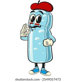 water plastic bottle cartoon mascot character with sweet moustache and wearing an artist's hat, vector illustration isolated, work of hand drawn