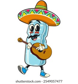 personagem de mascote de garrafa de plástico de água vestindo sombrero e tocando guitarra, ilustração vetorial isolada, trabalho de mão desenhada