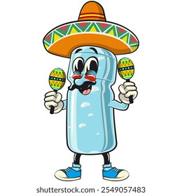 personagem de mascote de garrafa de plástico de água vestindo sombrero e jogando maracas, ilustração vetorial isolada, trabalho de mão desenhada