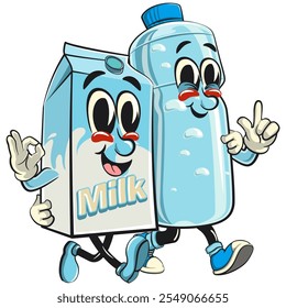 water plastic bottle cartoon mascot character walking with milk box, vector illustration isolated, work of hand drawn