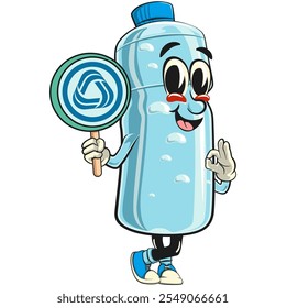 Carácter plástico de la mascota de la historieta de la botella de agua que sostiene una muestra del reciclaje mientras que da una señal aceptable, Ilustración vectorial aislada, trabajo de la mano dibujada