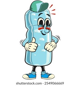 Personaje de la mascota de la historieta de la botella de plástico del agua que lleva una gorra de béisbol mientras que da un pulgar para arriba, Ilustración vectorial aislada, trabajo de dibujado a mano