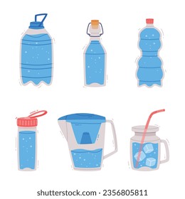 Water in Plastic Bottle and Filter with H2O Pure Liquid Poured Inside Vector Illustration Set
