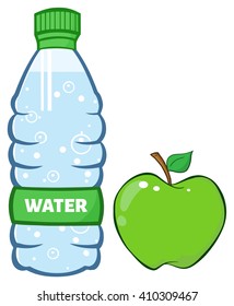 Water Plastic Bottle And Green Apple Cartoon Illustration. Vector Illustration Isolated On White
