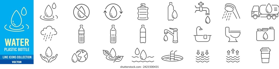 Water, Plastic Bottle, Mineral water, Real estate, Shower, Editable stroke liner icon set collection vector illustration