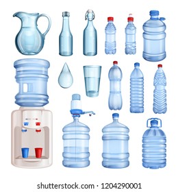 Water in plastic and glass bottles. Vector isolated objects set. Pure mineral water illustration.