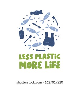 Water plastic pollution banner template. Vector illustrations. Underwater contamination in ocean, global environmental problem. Less plastic more life. Planet, ocean protection brochure, poster design