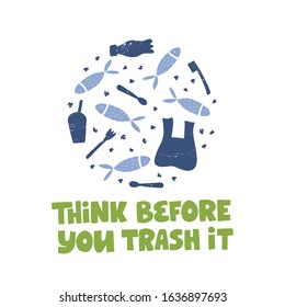 Water plastic pollution banner template. Vector illustrations. Underwater contamination in ocean, global environmental problem. Think before you trash it quote. Planet, ocean protection poster
