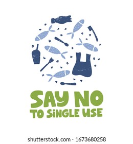 Water plastic pollution banner template. Vector illustrations. Underwater contamination in ocean, global environmental problem. Say no to single use quote. Planet, ocean protection poster