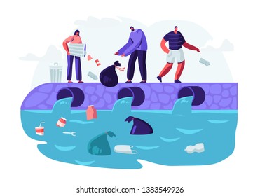 Water Plastic Pollution. People Dumping Garbage Into River, Trowing Trash from Bags and Litter Bins. Ocean Pollution, Ecology, Environment Protection, Conceptual Cartoon Flat Vector Illustration