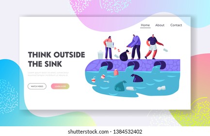 Water Plastic Pollution. People Dumping Garbage Into River, Trowing Trash, Ocean Pollution, Ecology, Environment Protection, Website Landing Page, Web Page. Cartoon Flat Vector Illustration, Banner