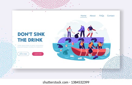 Water Plastic Pollution. People Throw Garbage to River, Workers on Boat Catch Trash Floating in Ocean. Environment Protection. Website Landing Page, Web Page. Cartoon Flat Vector Illustration, Banner