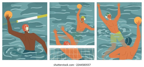 Water players in action vector posters set. Swimming and water sports concept. Water polo team play game in tournament