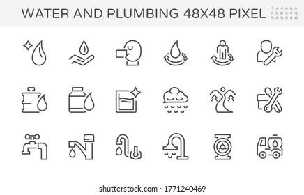 Water and plumbing tool such as drop, drinking, health, bottle, rain, resource,  faucet, shower, sink, closet, bathtub, watering, pipe, valve, plumber, toolbox and truck vector icon, 48X48 pixel.