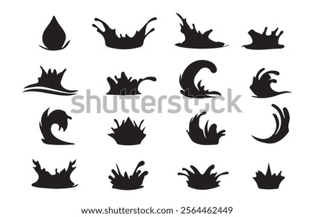 Water plus vector black color.Water drops, black sea ocean waves stencil. Liquid elements, cry droplet icons vector set.Illustration EPS 10