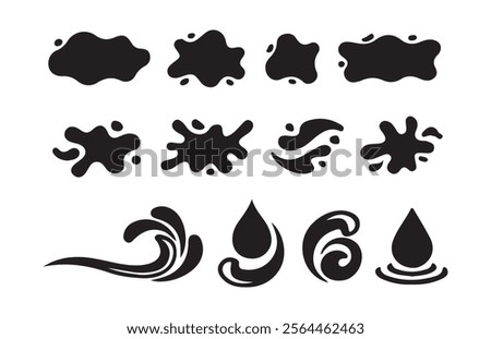 Water plus vector black color.Water drops, black sea ocean waves stencil. Liquid elements, cry droplet icons vector set.Illustration EPS 10