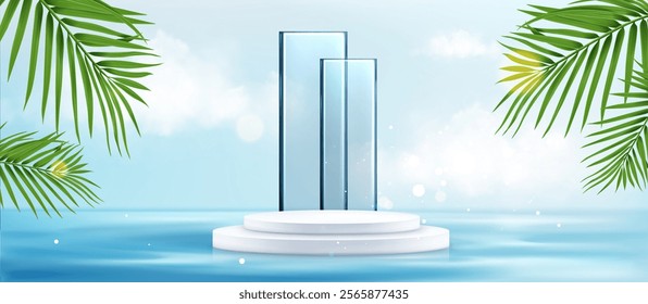 Water podium display with luxury white circular platform floating on blue surface, elegant glass panels backdrop, tropical palm leaves. Refreshing seaside scene for premium product presentation.