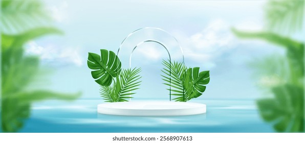 Water podium with minimalist white platform surrounded by exotic monstera and palm leaves, transparent curved arch shape glass panel. Tropical display on blue ocean backdrop for cosmetic presentation.