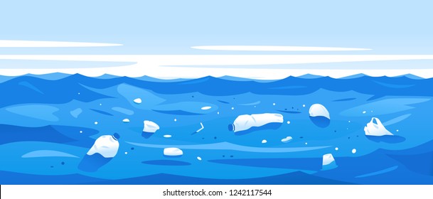 Water polluted of plastic trash, garbage in sea water ecological disaster concept illustration, environmental pollution, trash in seawater landscape background