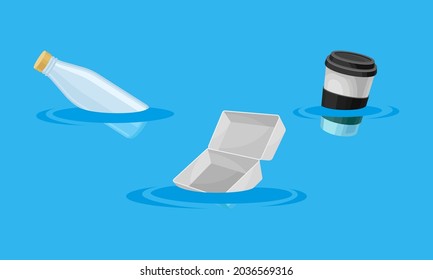 Water polluted with plastic waste. Garbage floating in ocean water. Environmental protection concept vector illustration