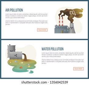 water pollution and air gas emission vector environmental problems on planet, concerned about co2 from factories and liquid with harmful contain. Website landing page flat style. Concept for Earth day
