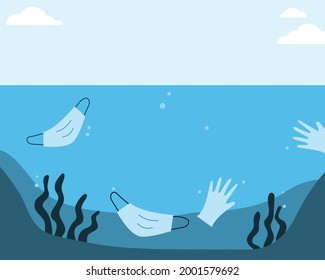Water pollution background. Face mask, glove in ocean. Medical waste.  Vector illustration