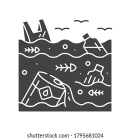 Water pollution black glyph icon. Environmental problems. Sign for web page, app. UI UX GUI design element.