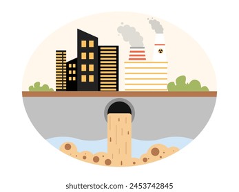 Water pollution from careless dumping of factory waste into river water, vector illustration.