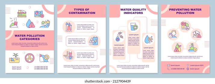 Water pollution categories pink brochure template. Contamination types. Leaflet design with linear icons. 4 vector layouts for presentation, annual reports. Arial-Black, Myriad Pro-Regular fonts used