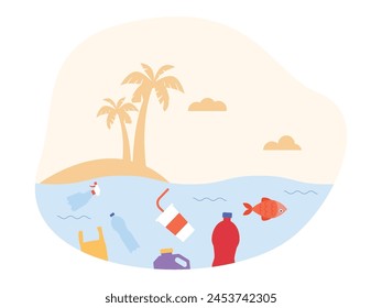 Water pollution caused by plastic waste, vector illustration.