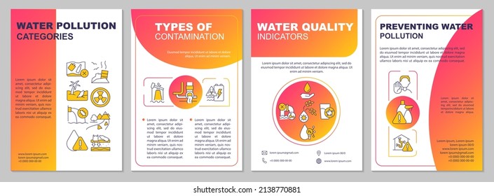 Water pollution classification red gradient brochure template. Prevention. Leaflet design with linear icons. 4 vector layouts for presentation, annual reports. Arial, Myriad Pro-Regular fonts used