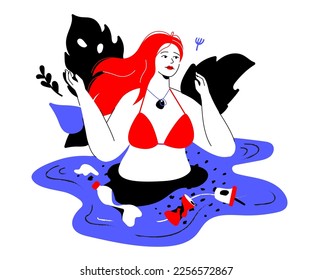 Water pollution - colorful flat design style illustration with linear elements. Red and blue colored composition with girl bathing in waters littered with plastic waste. Natural disaster idea