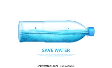 Water pollution concept banner. Stop ocean pollution. Ecology problem concept with polluted water in realistic plastic bottle. Vector illustration with plastic trash in sea.