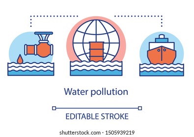 Water pollution concept icon. Ocean waste contamination. Pollution of sea by sewage, ships and oil. Environmental issue idea thin line illustration. Vector isolated outline drawing. Editable stroke