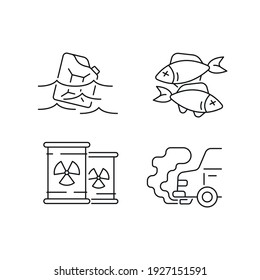 Water Pollution Concept Icons Set. Environmental Diseases Factor, Industrial Contamination Idea Thin Line Illustration. Urban Chemical Polution. Vector Isolated Outline Drawing. Editable Stroke