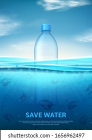 Water pollution concept poster. Stop ocean pollution. Ecology problem concept with polluted water and realistic plastic bottle. Vector illustration with plastic trash in sea.