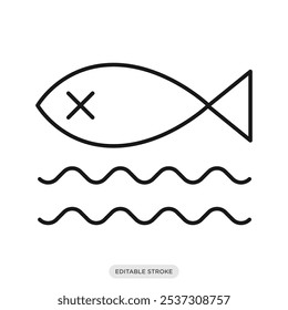 Water pollution, dead fish icon, environment, nature, ecology symbol on white background - vector illustration