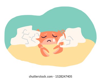 Water pollution, ecology concept illustration template. Sad crab cartoon character surrouned by plastic waste underwater. Flat style vector art.