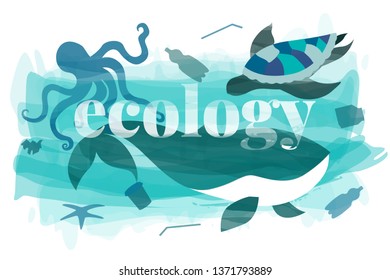 Water pollution ecology concept. Sea inhabitants suffer from plastic, straws and dirty sea. Whale, turtle and octopus live in the polluted ocean.