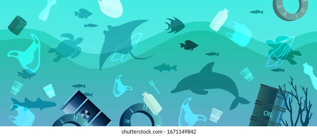 Water pollution environmental concept with plastic bags, bottles, barrels, litter in the muddy water. Ocean animals and fish silhouettes. Zero waste banner in trendy blue colors for ecological projects