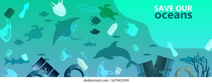 Water pollution environmental concept with plastic bags, bottles, barrels, dolphin, fish, shark. litter in muddy water. Ocean animals and fish silhouettes. Ecological banner in trendy blue colors 