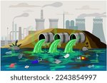  Water pollution an environmental disaster vector image. Plastic Garbage in water. Plastic Bottles, Straws, Cups and other Trash Pollute the Water. plastic pollution with floating objects in water.