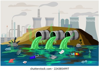  Water pollution an environmental disaster vector image. Plastic Garbage in water. Plastic Bottles, Straws, Cups and other Trash Pollute the Water. plastic pollution with floating objects in water.