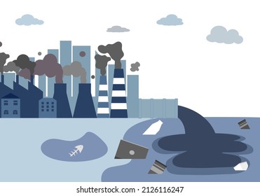 Water pollution from factory concept vector illustration. Industrial waste and garbage in the water in flat design.