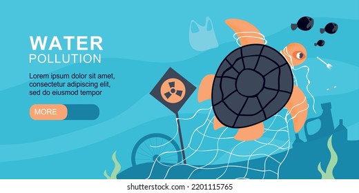 Water pollution flat banner with sea turtle stucked in plastic net vector illustration