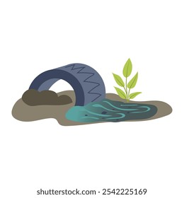 Water pollution in flat design. Dirty sewage and toxic trash in river. Vector illustration isolated.