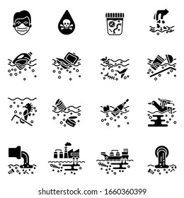 water pollution flat icons set with white background.